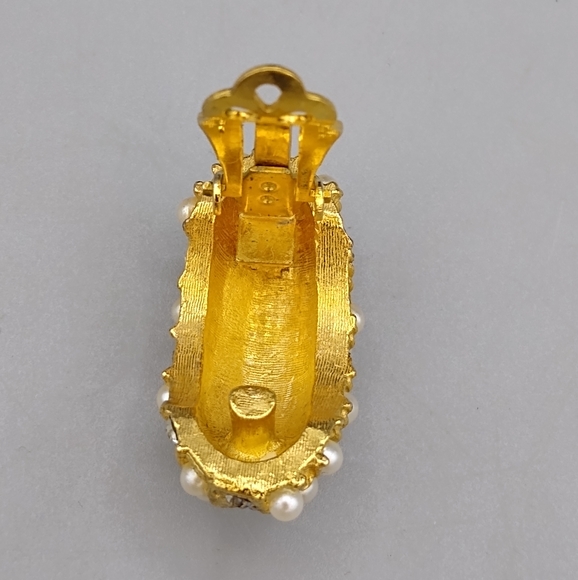 Pearl Rhinestone Cluster Half Hoop Clip on Earrings Vintage - Picture 8 of 15